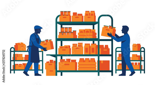 Warehouse workers stocking shelves with cardboard boxes flat vector illustration