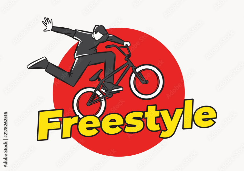 Fototapeta premium Dynamic BMX rider performing a trick in front of a red circle, bold text 