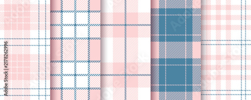 Check background. Tartan seamless pattern. Plaid pink textures. Flannel shirt textile. Set gingham fabrics. Vichy prints. Lumberjack tablecloth. Buffalo checkered cloth. Vector illustration.