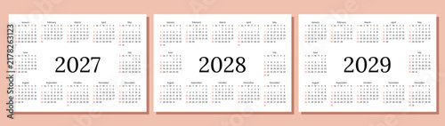 Calendar 2027, 2028, 2029 years. Calender templates. Planer grid. Week starts Sunday. Planner layout with 12 months. Desk diary in English. Vector illustration. Landscape orientation. Paper size A4