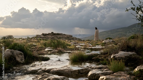 Obraz na płótnie Jesus walking through a serene biblical landscape with a stream and dramatic clouds