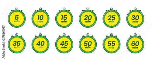 Set of Stopwatch Timer Icons from 5 to 60 Minutes