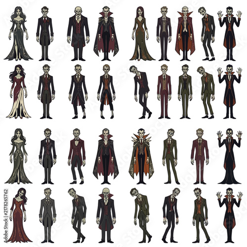 Foto Halloween Gothic vampire character set, 32 spooky dracula and undead figures