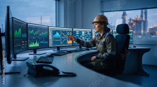 Female Engineer Working in Control Room with Multiple Monitors.