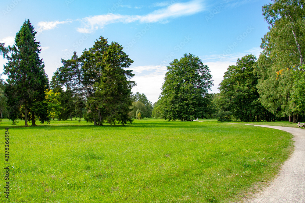 Obraz premium Scenic spacious meadow with mixed trees . Beautiful summer landscape with bright green grass lawn, winding gravel walking path and blue cloudy sky on background. Kadriorg park of Tallinn. Estonia.