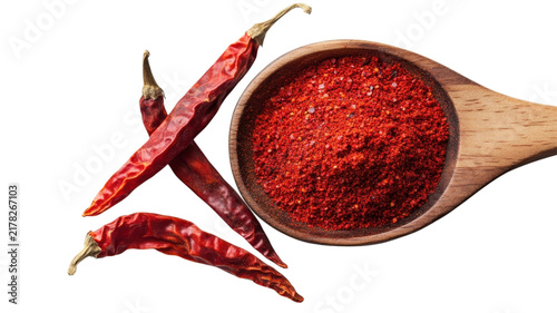 Red chili powder on wooden spoon with dried peppers isolated on a transparent background