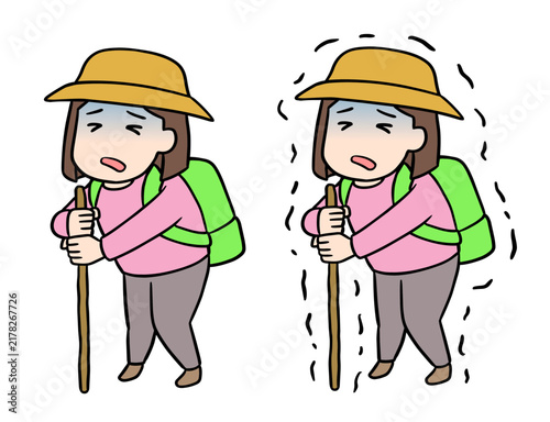 登山中に疲労困憊でふらふらになり棒にしがみついて耐えるコミカルな若い女性のイラスト
