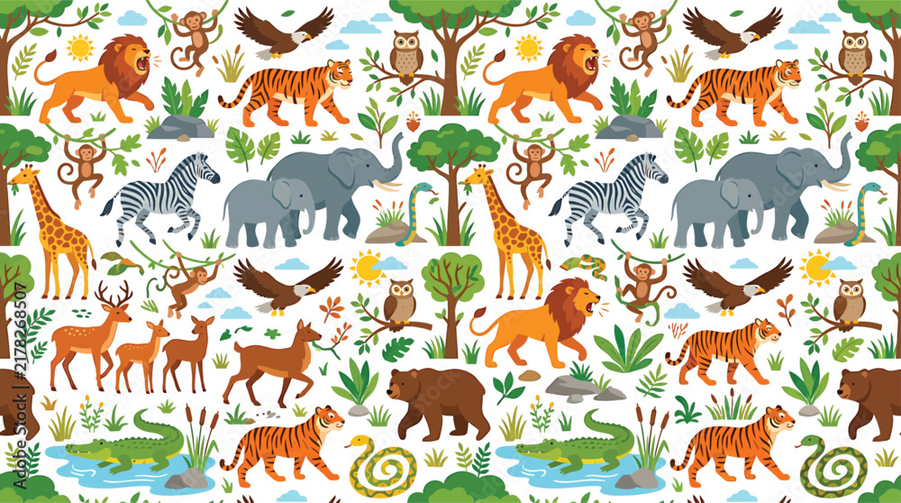 Fototapeta premium Seamless pattern of wild animals in a jungle setting featuring lions tigers elephants and monkeys vector illustration