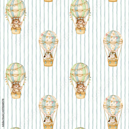 Cute bear and bunny fly. Watercolor air balloon. Seamless striped pattern.