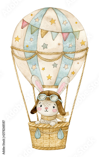 Cute watercolor bunny flies. Pilot rabbit in balloon. Vintage nursery art.