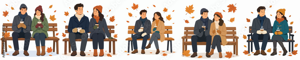 Obraz premium Flat vector illustration of a couple sitting on bench park drinking hot coffee in autumn
