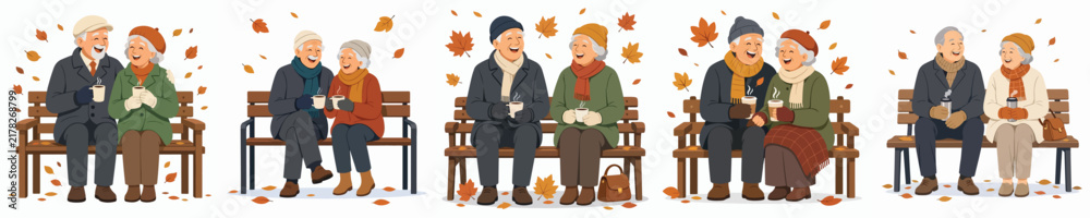 Fototapeta premium Flat vector illustration of a old couple sitting on bench park drinking hot coffee in autumn