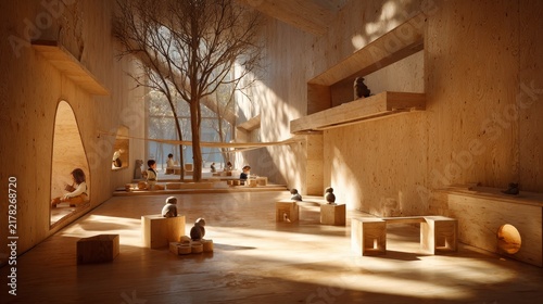 Luxury Montessori educational park with minimalist wooden equipment, calm nature atmosphere, children playing creatively, warm cinematic lighting, ultra realistic quality.