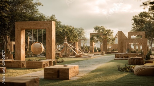 Luxury Montessori educational park with minimalist wooden equipment, calm nature atmosphere, children playing creatively, warm cinematic lighting, ultra realistic quality.