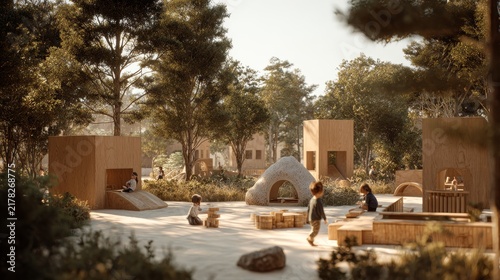 Luxury Montessori educational park with minimalist wooden equipment, calm nature atmosphere, children playing creatively, warm cinematic lighting, ultra realistic quality.