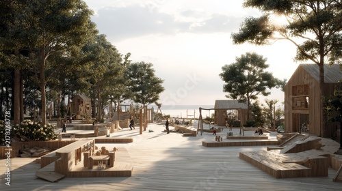 Luxury Montessori educational park with minimalist wooden equipment, calm nature atmosphere, children playing creatively, warm cinematic lighting, ultra realistic quality.