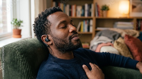 Man relaxes comfortably on a couch wearing wireless earbuds listening to music.