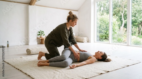 Woman receives gentle abdominal massage from a therapist in a bright room.
