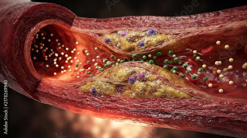 Coronary artery cutaway with atherosclerotic plaque, LDL particles, HDL cleanup spheres, and narrowed blood flow.