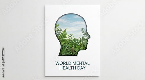 Human head silhouette filled with lush greenery under clear sky celebrating mental wellness