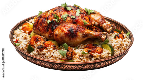 Whole roasted chicken with rice, zucchini, and herbs on a platter, isolated on a transparent background