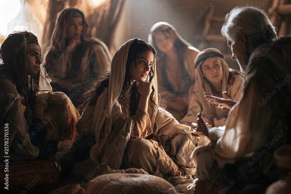 Fototapeta premium A group of people in ancient attire gathered together in a dimly lit room, engaged in a serious conversation