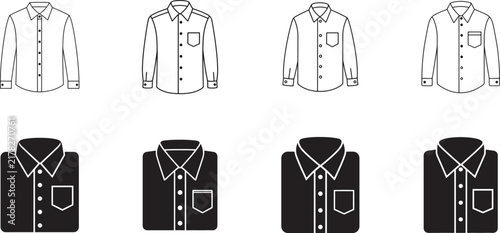 Black and white folded dress shirt icon set with outline, glyph and thin line styles, isolated vector.