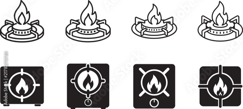 Black and white gas stove burner icon with bold outline and line art silhouette vector design.