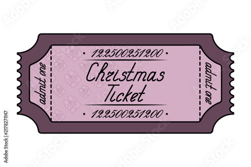 Christmas ticket. Admit one. Gifts decorated with a bow. Burgundy coupon. Color vector illustration.