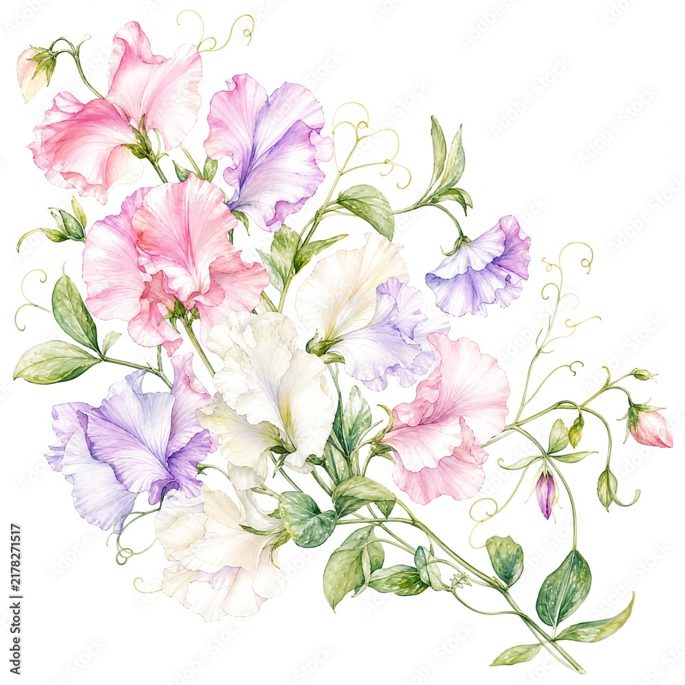 Fototapeta premium Watercolor Sweet Pea Corner Spray with Trailing Stems