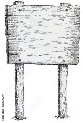 Large wooden sign. Hand-drawn ink illustration of a large wooden sign.