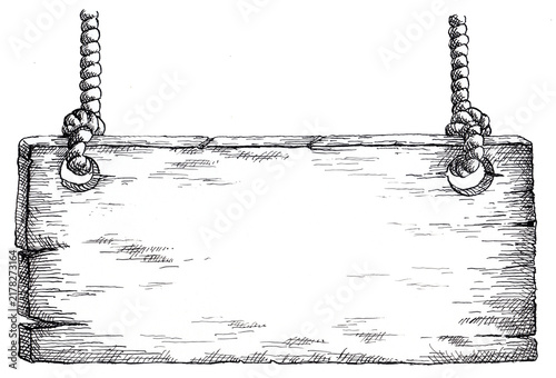 Wooden sign hanging from two ropes. Hand-drawn ink illustration of a wooden sign held by two strings.