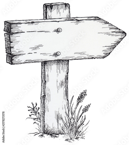 Wooden arrow-shaped sign. Hand-drawn ink illustration of an old arrow-shaped sign.