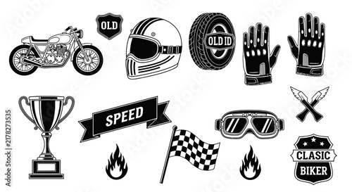 Retro Biker and Racing Monochrome Vector Set