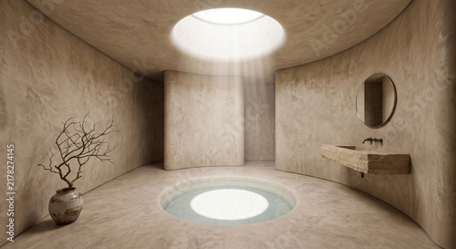 Serene Minimalist Wabi-Sabi Bathroom Featuring a Sunken Circular Soaking Tub and Organic Seamless Microcement Architecture