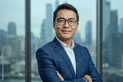 Confident Asian man stands with arms crossed. Urban skyline looms behind him. Professional demeanor radiates assurance. Ideal for corporate or leadership imagery