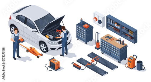Car Repair Isometric Set: Mechanics, Tools, Vehicle Maintenance, Garage Equipment