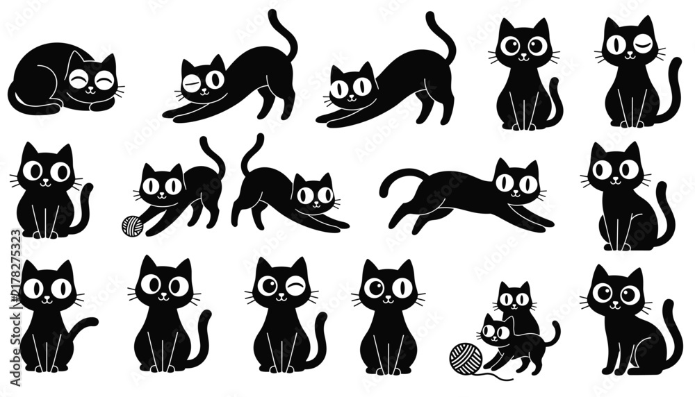 Obraz premium Pattern sheet containing black cartoon cat silhouettes in multiple playful, active, and sleeping poses on a white background.