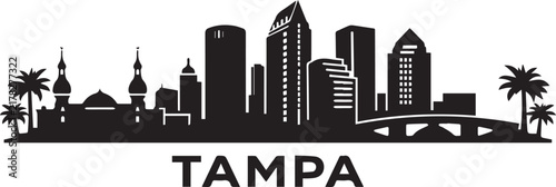 Minimalist graphic design featuring the iconic city skyline of tampa florida rendered in a clean black silhouette