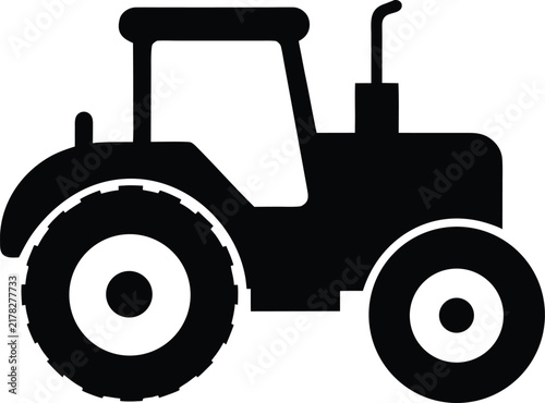 Agricultural Farm Tractor Silhouette with Large Wheels, Black Vector Illustration