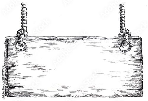 Wooden sign hanging from two ropes. Hand-drawn ink illustration of a wooden sign held by two strings.