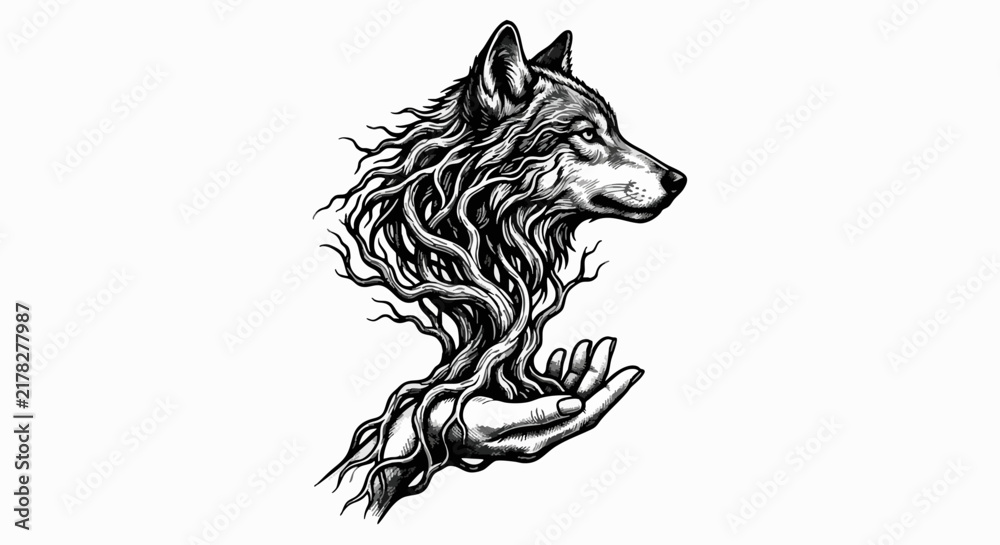 Obraz premium Surreal Wolf Head with Tree Roots Resting on a Human Hand