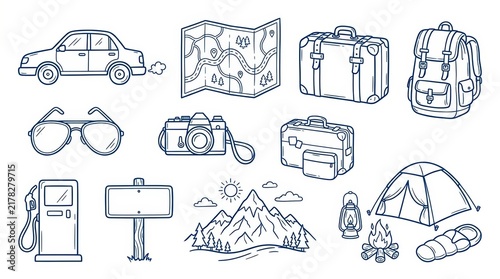 Set of handdrawn travel and camping icons isolated on white background
