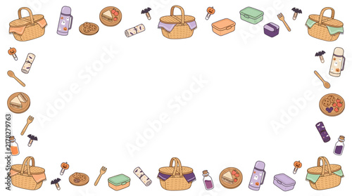 Halloween picnic basket and spooky snacks border frame