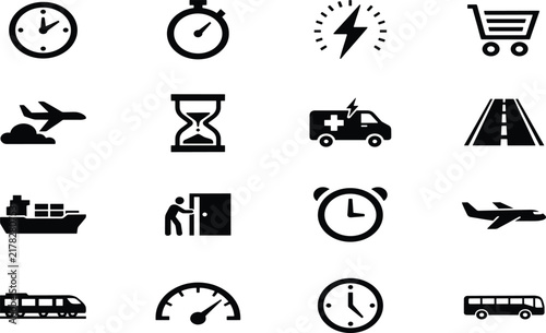 Transportation and travel icon collection featuring clocks, stopwatch, airplane, ambulance, road, shopping cart, ship, train and bus symbols