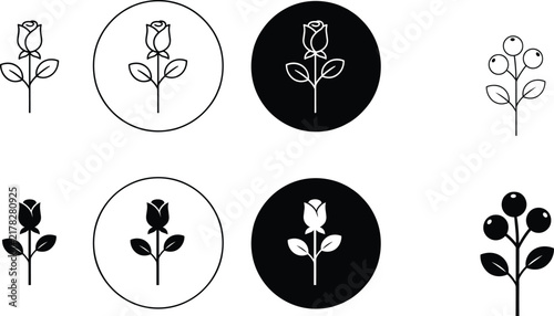 Rose and floral botanical icon collection featuring flower stems, leaves, buds and berry branches in outline and solid styles