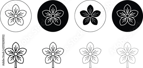 Flower botanical icon collection featuring five petal blossoms, floral stems and leaves in outline and solid styles for elegant nature designs