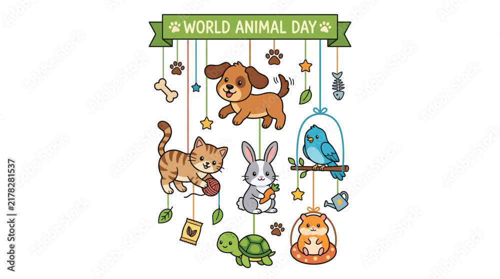 Naklejka premium Cute cartoon animals celebrating World Animal Day isolated on transparent background