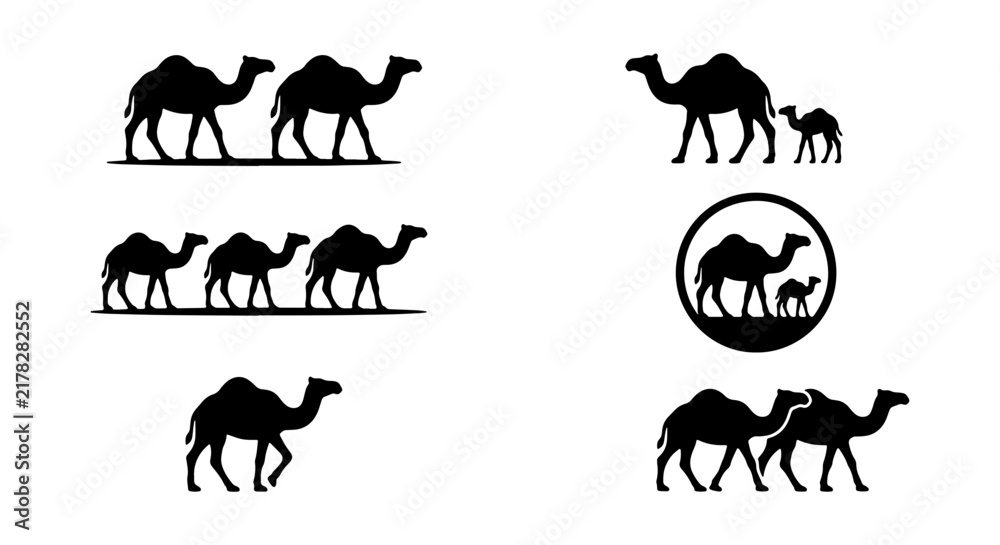 Fototapeta premium Camel Silhouettes Collection, Desert Caravan Icons, Wildlife Vector Graphics, Animal Family Logos, Travel Symbols, Safari Adventure Elements