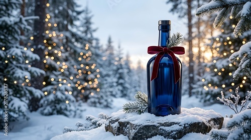 Festive blue glass bottle decorated with a red bow and pine sprig sits on snowcovered rock surrounded by twinkling Christmas lights in a winter forest